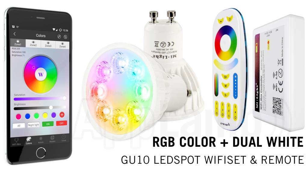 GU10 RGB+Dual White 4 Watt Wi-Fi LED spots. Complete set met Wifi Box en Remote!