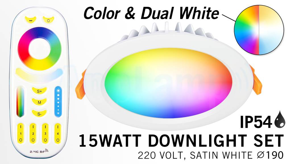 RGB kleur + Dual White 15 Watt LED Waterproof inbouwspots, complete 220V sets met remote *Nieuw*