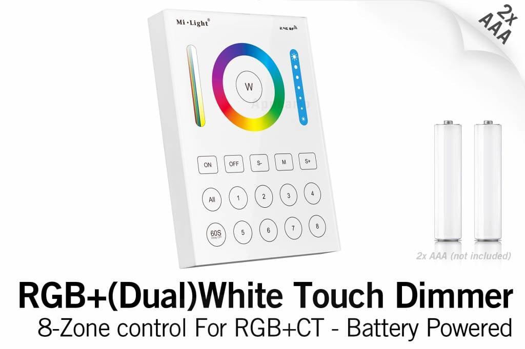 Mi·Light MiLight RGB+ DualWhite (RGB+CT) Touch Wandbediening Opbouw, 8-zones, RF, 2xAAA