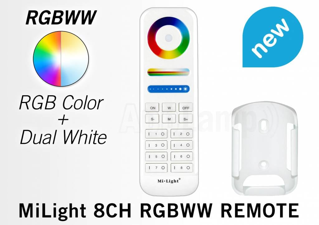 Mi·Light MiLight RGB+ DualWhite (RGB+CT) hand afstandsbediening, 8-zones, RF, 2xAAA
