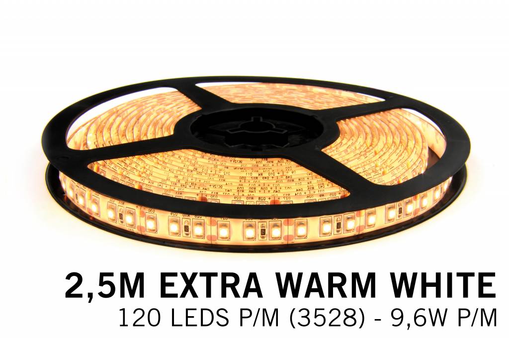 Extra Warm Witte LEDstrip 120 leds p.m. - 2, 5 Meter - type 3528 - 12V - 9,6W/p.m