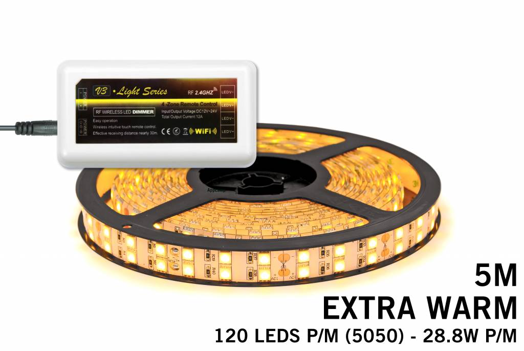 LED strip set Extra Warm Wit met dubbele rij, 600 leds 28W p.m.,12V 5M - Uitbreidingsset