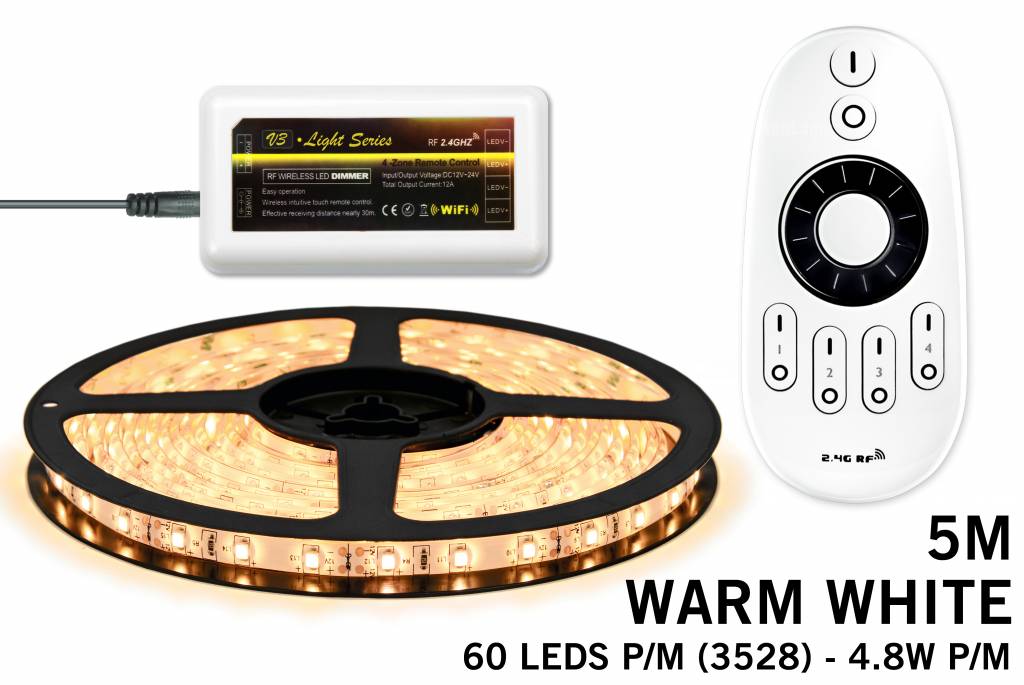 LED strip set, RF dimbaar, warm wit, 5 m. 300 leds type 3528 - 24W - 12V