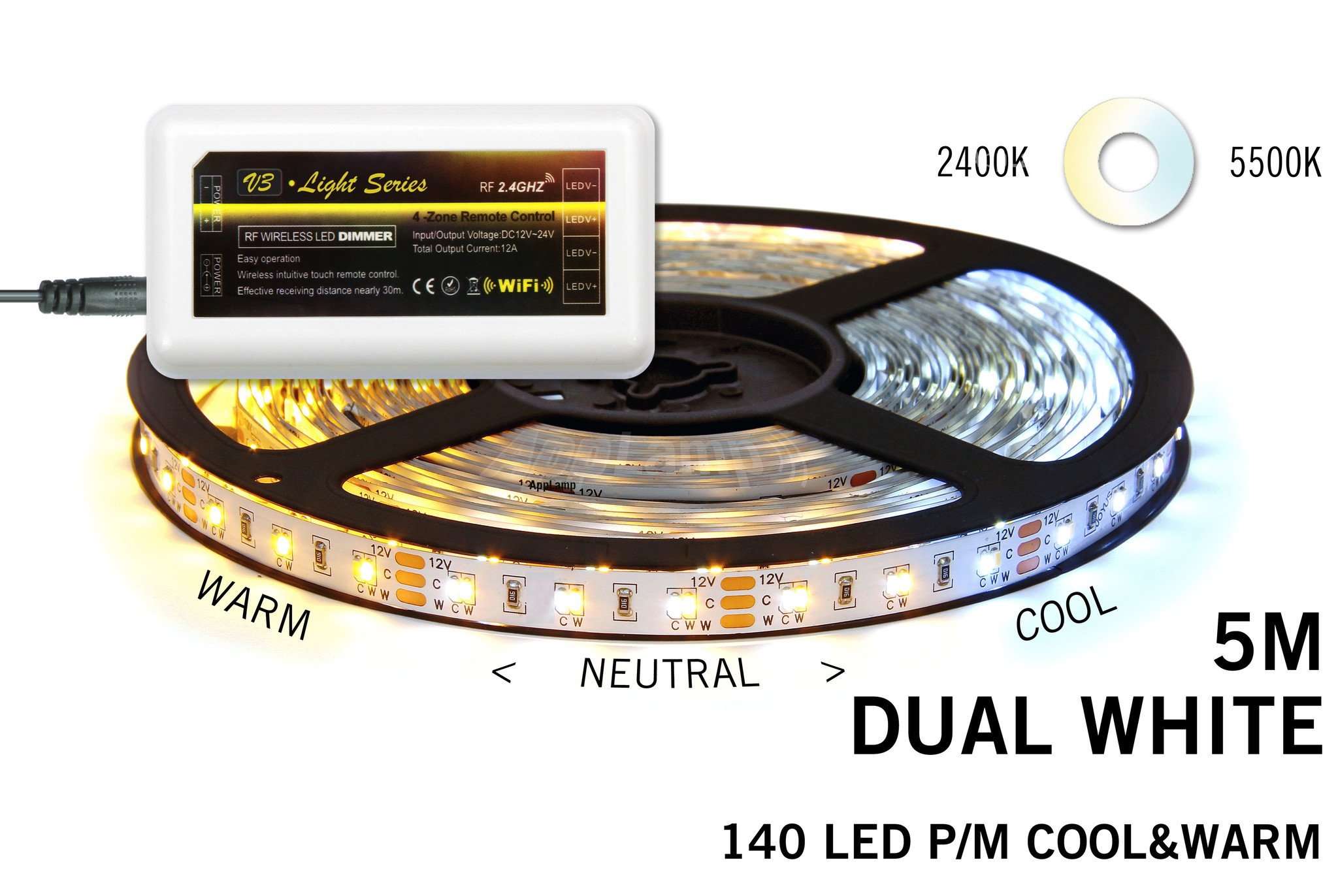 Dual White LED strip set 600 leds Variabele kleurtemperatuur 2400K~6000K 72W 12V - Uitbreidingsset