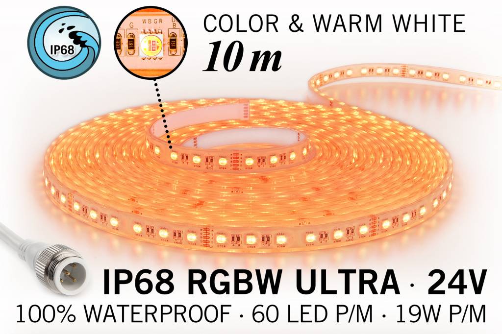 RGB & Warm Wit IP68 Waterdicht Ultra 4 in 1 Led Strip | 10m 60 Leds pm 24V