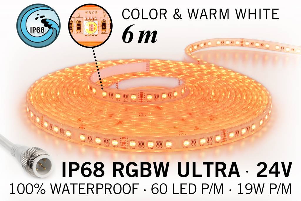 RGB & Warm Wit IP68 Waterdicht Ultra 4 in 1 Led Strip | 6m 60 Leds pm 24V