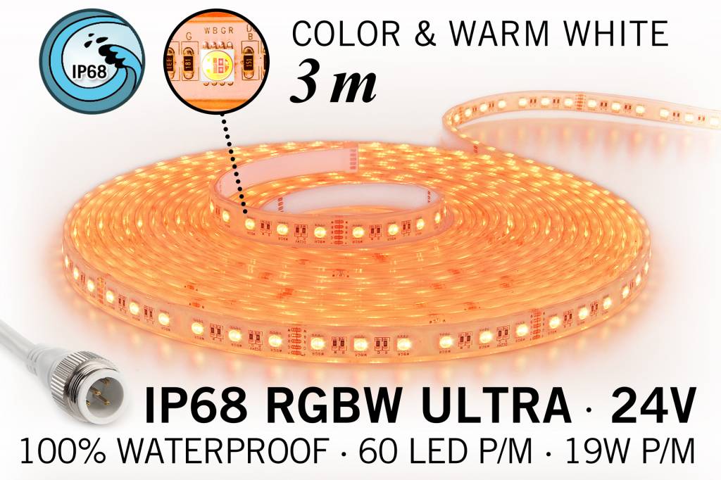 IP68 Waterdichte RGBW ULTRA Ledstrip,180 ULTRA Led's, 24 Volt, 3 m